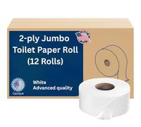 Lot de 12 rouleaux de papier toilette Jumbo double épaisseur, doux, solide et sans danger pour les fosses septiques pour la maison, le bureau et une utilisation commerciale