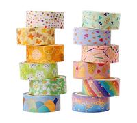 Lot de 12 rouleaux de ruban adhésif washi - Décoratif - motif feuilles dorées, fleurs - Pour le scrapbooking et les loisirs créatifs - 15 mm x 3 m