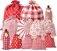 Lot de 12 Sacs Cadeau en Coton avec Cordon, Couleur Rouge Rétro Patterns Design, Pochon Cadeau Reutilisable Sac en Coton Pochette Toile pour Emballage cadeau pour anniversaire, Noel, Mariage