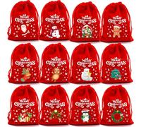 Lot de 12 sacs cadeaux de Noël en peluche pour décorations de vacances et surprises avec cordon de serrage pour fermeture sécurisée Emballage cadeau festival