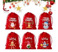 Lot de 12 sacs cadeaux de Noël en velours rouge avec cordon de serrage - Sacs de Noël doux et réutilisables avec cordon de serrage - Sacs cadeaux de Noël pour emballage cadeau de fête - 15 x 10 cm