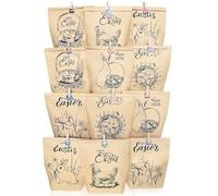 Lot de 12 Sacs Cadeaux de Pâques - Lapin, Œufs, Poussins, Motifs en Papier Kraft - Nid et Paniers avec Autocollants, Cartes, Pinces en Bois