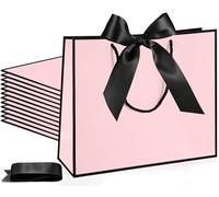Lot de 12 sacs cadeaux élégants rose et noir avec poignées et nœud en ruban, parfaits pour pendaison de crémaillère, anniversaire et fête de Noël - 30,5 x 25,4 x 10,2 cm