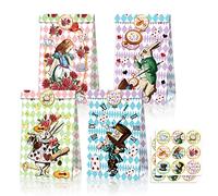 Lot de 12 sacs cadeaux en papier pour anniversaire d'enfant, accessoires de thé, accessoires de fête pour Alice au pays des merveilles, décoration de fête (motif double face)
