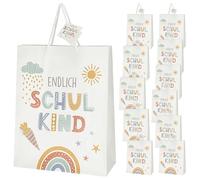 Lot de 12 sacs cadeaux « Endlich Schulkind » - 25 x 33 x 12 cm - Papier 128 g/m² - Blanc mat - Imprimé des deux côtés - Anse de rentrée scolaire - Étiquette cadeau