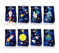Lot de 12 sacs-cadeaux pour fêtes sur le thème de l'espace extra-atmosphérique, Sacs de bonbons de fête d'astronaute, Sacs en papier Planet Rocket Party, sacs de fête d'anniversaire avec autocollants