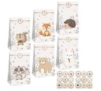 Lot de 12 Sacs en Papier Kraft avec 18 Autocollants pour Cadeaux d'Anniversaire - Réutilisables pour Bonbons, Biscuits, Jouets et Animaux