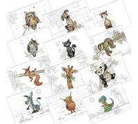 Lot de 12 Sets de Table Assortis - Motif Les Animaux Sauvages, des Bois et Aussi de la Ferme ….Girafe, Panda, Paresseux, Chouette, écureuil, Vache, âne, Chien, Chat Dinosaure ...