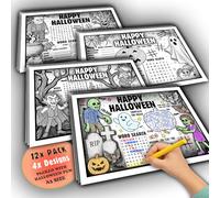 Lot de 12 sets de table d'activités de coloriage d'Halloween - Feuilles A3 pour enfants - 4 motifs effrayants