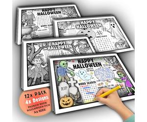 Lot de 12 sets de table d'activités de coloriage d'Halloween - Feuilles A3 pour enfants - 4 motifs effrayants