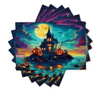 Lot de 12 Sets de Table Maison Hantée sur Une Île Déserte Sets de Table L'Île Fantôme Fantastique Antidérapants, Résistants à la Chaleur Décoration de Table à Manger, 45 x 30 cm, Bleu-Vert