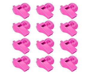 Lot de 12 sifflets en plastique rose avec cordon de serrage, sifflets d'arbitre de sport, sifflets de sécurité, sifflets d'urgence pour divertissement collectif, sifflet fort et net pour sauveteur de