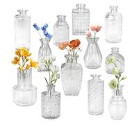 Lot de 12 Soliflore en Verre Transparent, Petit Vase Bureau multiformes,Mini Vase decoratif Vintage en Relief, adaptés à la Composition Florale, Table à Manger, au Salon et à la décoration de Mariage