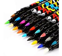 Lot de 12 stylos de peinture acrylique 24 couleurs avec pointe pinceau - Étanche, double extrémité, bicolore, idéal pour la peinture sur roche, bois, plastique