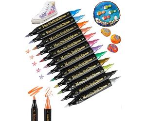 Lot de 12 stylos métalliques - Feutres à pointe fine et marqueur double pointe - Stylos à paillettes étanches - Stylos acryliques - Stylo doré pour écrire un livre d'or, scrapbooking, bois, verre