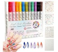 Lot de 12 stylos pour nail art avec 4 feuilles d'autocollants en forme d'étoile, marqueurs à ongles en acrylique à pointe fine de 0,7 mm, marqueurs à ongles à séchage rapide, stylos à ongles