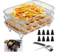 Lot de 12 supports de friteuse à air comprimé Ninja 3 couches empilables en acier inoxydable avec 2,4 m, 1 clip pour friteuse à air double panier