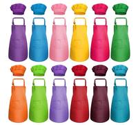 Lot de 12 tabliers et toque de chef pour enfants, tabliers réglables avec 2 poches, tabliers de cuisine pour garçons et filles, tabliers de peinture colorée en vrac pour cuisine, pâtisserie, peinture,