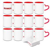 Lot de 12 tasses blanches avec poignée en forme de cœur - Couleur intérieure - Rouge