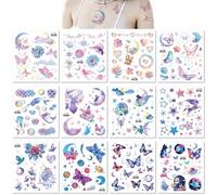 Lot De 12 Tatouages Temporaires Aquarelles Motif Papillon, Lune, Étoiles, Rose, Bleu, Violet