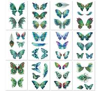 Lot De 12 Tatouages Temporaires En Forme De Papillon Vert Et De Plume De Paon