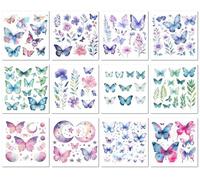 Lot De 12 Tatouages Temporaires Pailletés, Imperméables, Motif Papillon, Violet Et Vert, Longue Durée, Pour Femmes Et Enfants