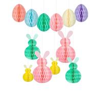 Lot de 12 œufs de Pâques en papier à suspendre, papier nid d'abeille, motif lapins de Pâques, pliables, 3D, décoration de Pâques, multicolore pour le printemps, arbustes, décoration de fenêtre