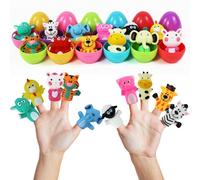 Lot de 12 œufs de Pâques pré-remplis avec marionnettes à doigts d'animaux pour les fêtes de Pâques, la chasse aux œufs de Pâques, les œufs de Pâques pré-remplis, les paniers de Pâques pour les