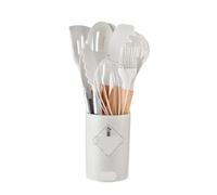 Lot de 12 ustensiles cuisine en silicone avec manche bois, antiadhésifs, spatule, pelle, batteur à œufs(White 12Pcs)