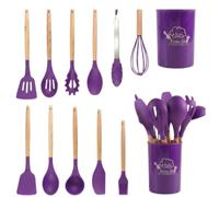 Lot de 12 ustensiles de cuisine en silicone avec manche en bois - Batterie de cuisine complète, robuste et durable (violet)