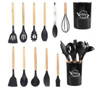 Lot de 12 ustensiles de cuisine en silicone avec manche en bois - Ensemble complet d'ustensiles de cuisine, robuste et durable (noir)