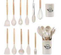 Lot de 12 ustensiles de cuisine en silicone avec manche en bois - Kit de cuisine complet d'ustensiles de cuisine résistants et durables (blanc nacré)