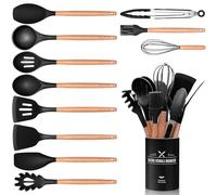 Lot de 12 ustensiles de cuisine en silicone avec support, poignée en bois naturel, pinces, spatules et cuillères, antiadhésifs et résistants à la chaleur, passent au lave-vaisselle (noir)