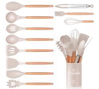 Lot de 12 ustensiles de cuisine en silicone avec support, poignée en bois naturel, pinces, spatules et cuillères, antiadhésifs et résistants à la chaleur, passent au lave-vaisselle (kaki)