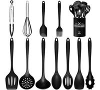 Lot de 12 ustensiles de cuisine en silicone avec support, spatules en silicone de qualité alimentaire sans BPA, résistantes à la chaleur et faciles à nettoyer, noir
