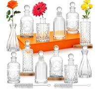 Lot de 12 vases en verre avec bouchons pour fleurs, vase à fleurs transparent en relief, bouteille en verre vintage, idéal pour décoration de table, table de mariage