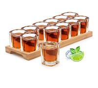 Lot de 12 verres à liqueur, support à cocktail en bois et verre à shot, planche de service à 12 trous avec verre en cristal transparent, 60 ml pour liqueur, whisky, brandy, rhum à la maison, fête