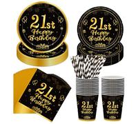 Lot de 120 assiettes en papier doré noir, 21 ans, pour homme et femme, vaisselle pour fête d'anniversaire 21 ans, kit de décoration pour fête d'anniversaire, avec pailles, serviettes (21 ans)