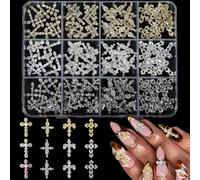 Lot de 120 breloques 3D en forme de croix pour ongles, 12 grilles, en métal, doré, argenté, noir, accessoires de manucure professionnels pour vernis gel