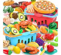 Lot de 120 pièces d'aliments factices à découper pour enfants qui peuvent jouer à plusieurs, comprenant 2 paniers de rangement colorés, un assortiment d'aliments factices pour les tout petits, des jou