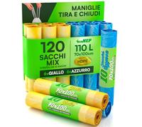Lot de 120 sacs de tri sélectif en plastique HDPE, 70 x 100 cm, 110 l, avec poignées à tirer et fermer, couleur jaune et bleu, sacs anti-crevaison pour poubelle condominiale, 12 rouleaux à déchirer