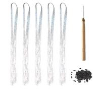 Lot de 1200 cheveux laser argentés, avec 1 crochet de perruque et 100 anneaux d'épissure de perruque, perruque d'extension de cheveux, cheveux clignotants féeriques (120 cm)