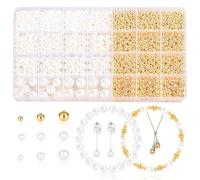 Lot de 1200 perles rondes à enfiler - Dorées et blanches - Avec trou - Pour bricolage - 4/6/8/10/12 mm - Perles d'espacement pour la fabrication de bijoux