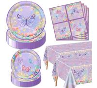 Lot de 122 décorations d'anniversaire en forme de papillon - Assiettes, serviettes et nappe papillon violet pour fête d'anniversaire féerique, pour 40 personnes