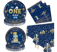 Lot de 122 décorations d'anniversaire Mr Onederful - Assiettes, serviettes et nappes de fête bleues et dorées pour premier anniversaire, vaisselle pour fête prénatale, 1ère fête pour garçon, pour 40