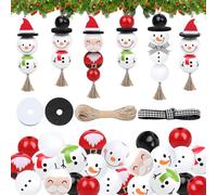 Lot de 122 perles de Noël en bois bonhomme de neige - Kit de bricolage - Boules en bois avec visage - Corde de jute - Kit de bricolage - Décoration de Noël pour bricolage, fête, festival, décoration