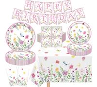 Lot de 123 assiettes en carton à motif floral de printemps, bannière, nappe, serviettes, fête prénatale, anniversaire, décoration de table pour pique-nique, mariage, goûter, pour 40 personnes