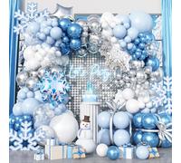 Lot de 125 guirlandes de ballons La Reine des Neiges - Décoration d'anniversaire - Guirlande d'hiver - Bleu clair, blanc et argenté - Avec flocons de neige et étoiles - Pour anniversaire, fête
