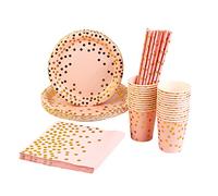 Lot De 125 Vaisselle Jetable Anniversaire Rose et Or Rose, Kit Vaisselles de Fête Assiette Papier Tasse Serviette Et Pailles Pour Enfants Party Fête Mariages Baby Shower, 25 Invités (Rose et Or Rose)