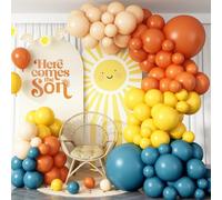 Lot de 128 pièces guirlande de ballons rétro bleu et orange, guirlande de ballons arc-en-ciel ballons bleus et orange beige pour Here Comes the Son baby shower révélation du sexe anniversaire